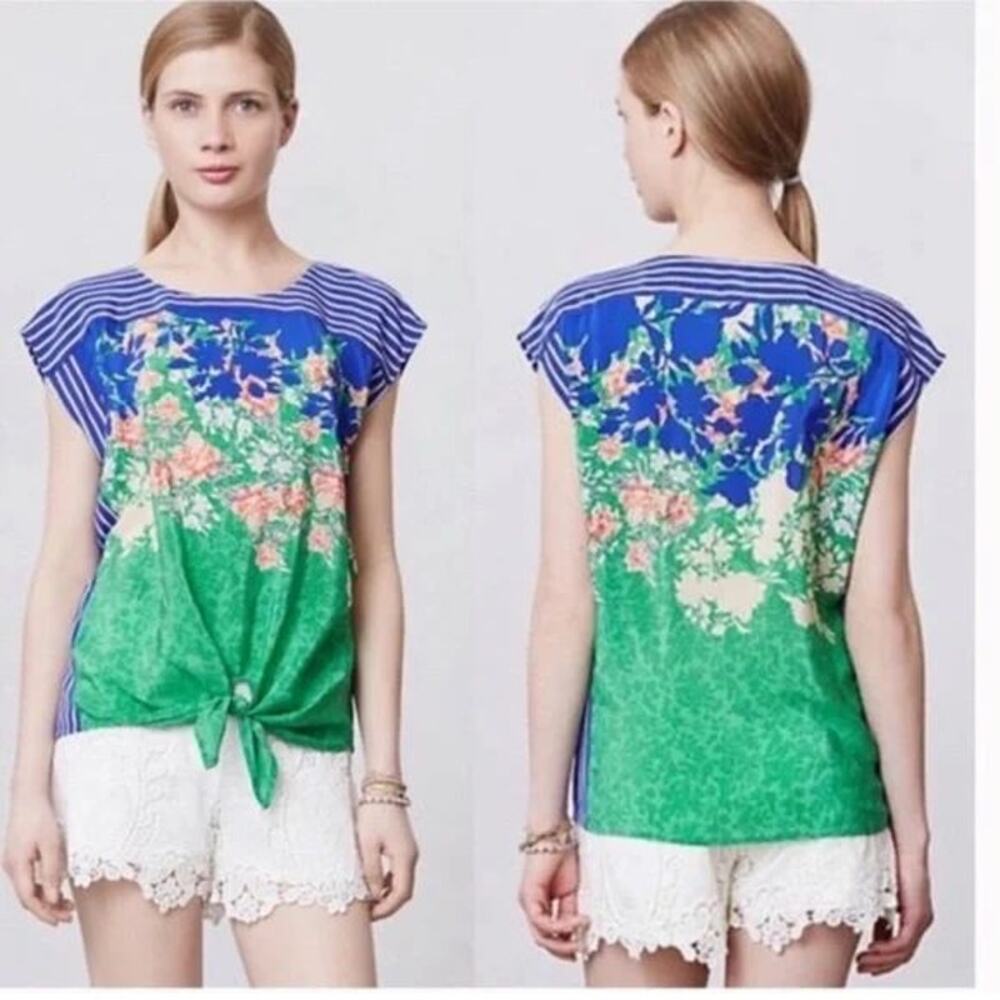 Anthropologie Moulinette Soeurs Pure Silk Floral & Stripe Hem Tie Flowing Blouse